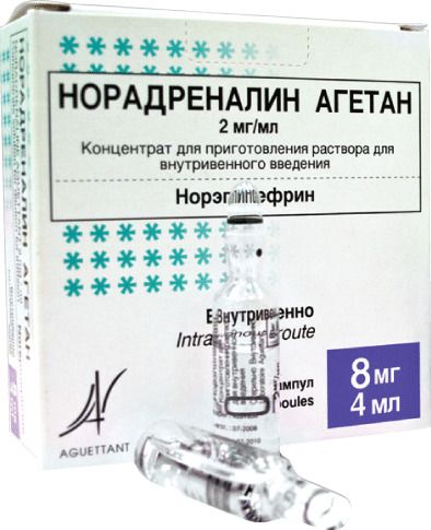 Норадреналин Агетан, 2 мг/мл, концентрат для приготовления раствора для внутривенного введения, 4 м