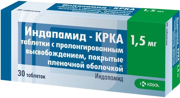 Индапамид-КРКА, 1.5 мг, таблетки с пролонгированным высвобождением, покрытые пленочной оболочкой, 3