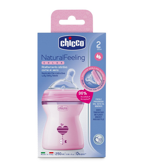 Chicco Natural Feeling Бутылочка, розового цвета, с силиконовой соской, 250 мл, 1 шт.