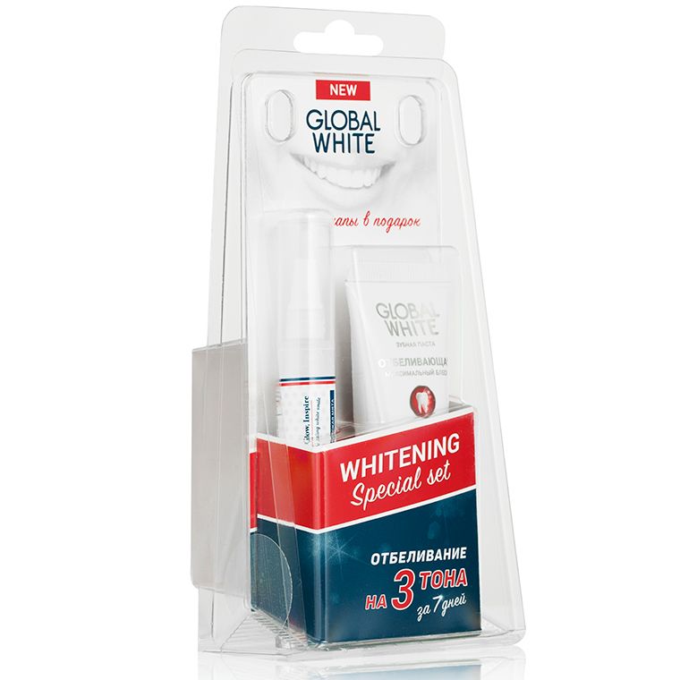 Global White набор отбеливающий с капами, зубная паста отбеливающая 30мл + карандаш отбеливающий 5м