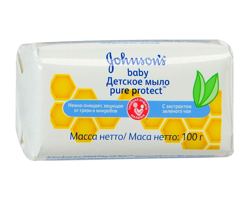 Johnsons Baby Pure Protect детское мыло с экстрактом зеленого чая, мыло детское, 100 г, 1 шт.