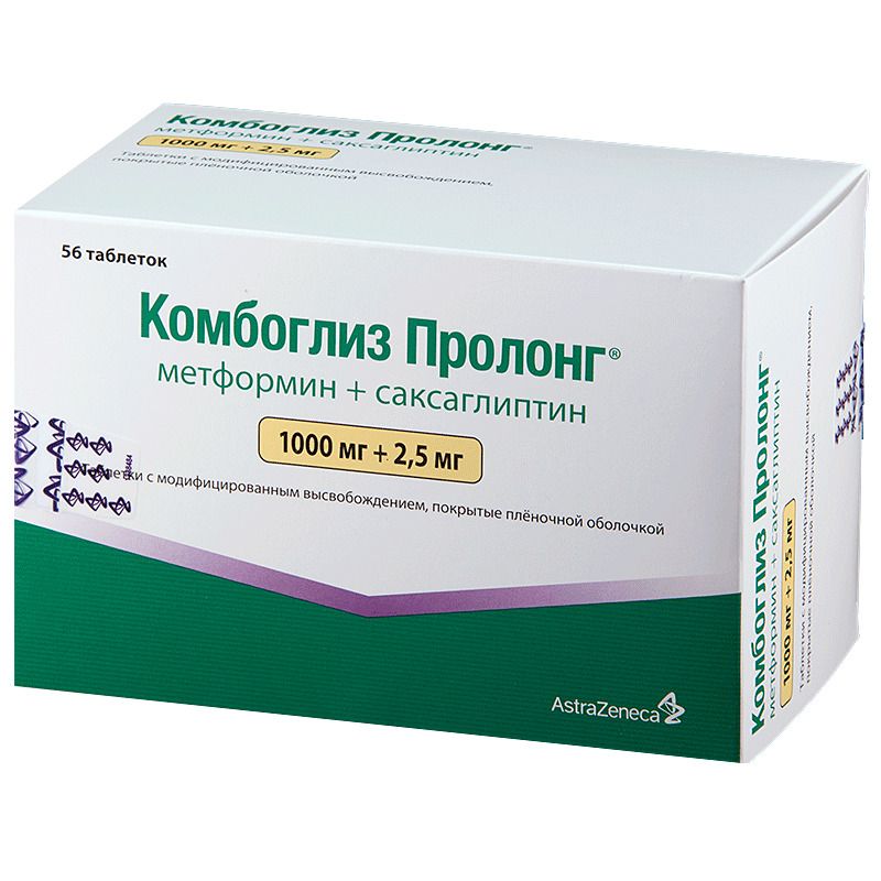 Комбоглиз Пролонг, 1000 мг+2.5 мг, таблетки с модифицированным высвобождением, покрытые пленочной о