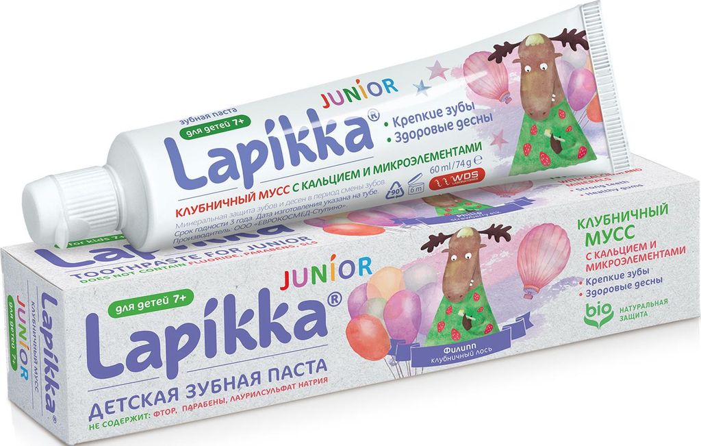 Lapikka Junior Зубная паста Клубничный мусс с кальцием и микроэлементами, без фтора, паста зубная, 