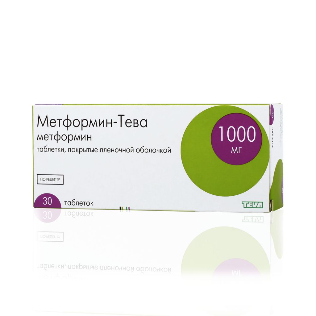 Метформин-Тева, 1000 мг, таблетки, покрытые пленочной оболочкой, 30 шт.