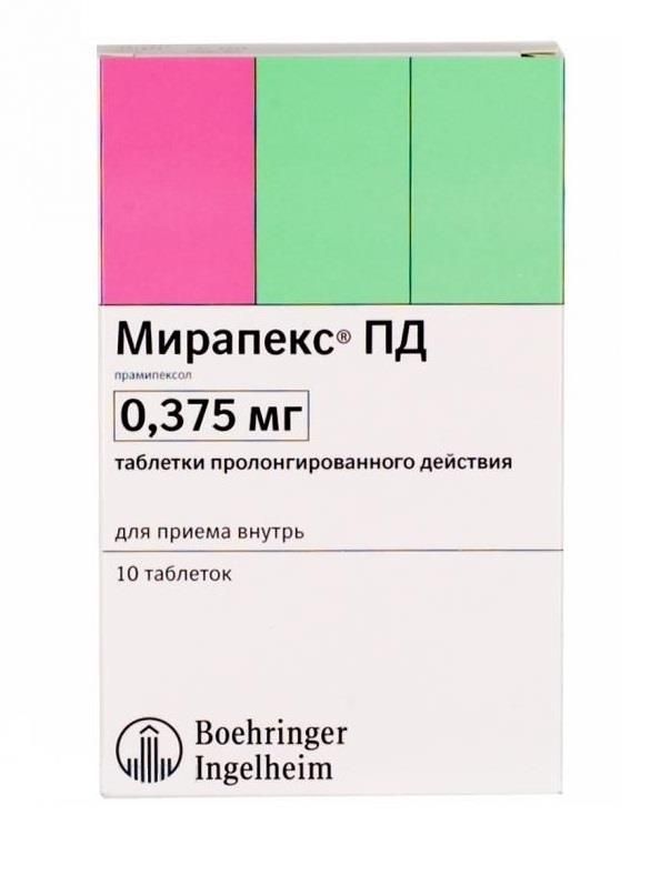 Мирапекс ПД, 0.375 мг, таблетки пролонгированного действия, 10 шт.