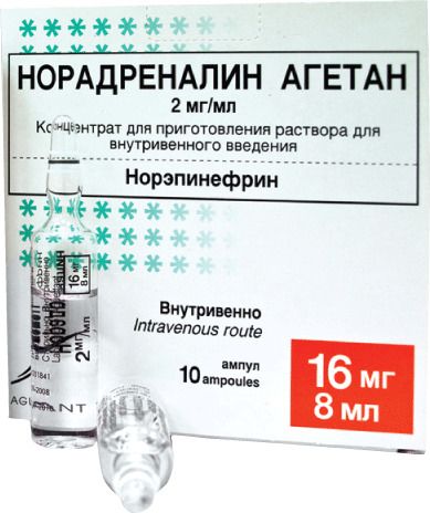 Норадреналин Агетан, 2 мг/мл, концентрат для приготовления раствора для внутривенного введения, 8 м