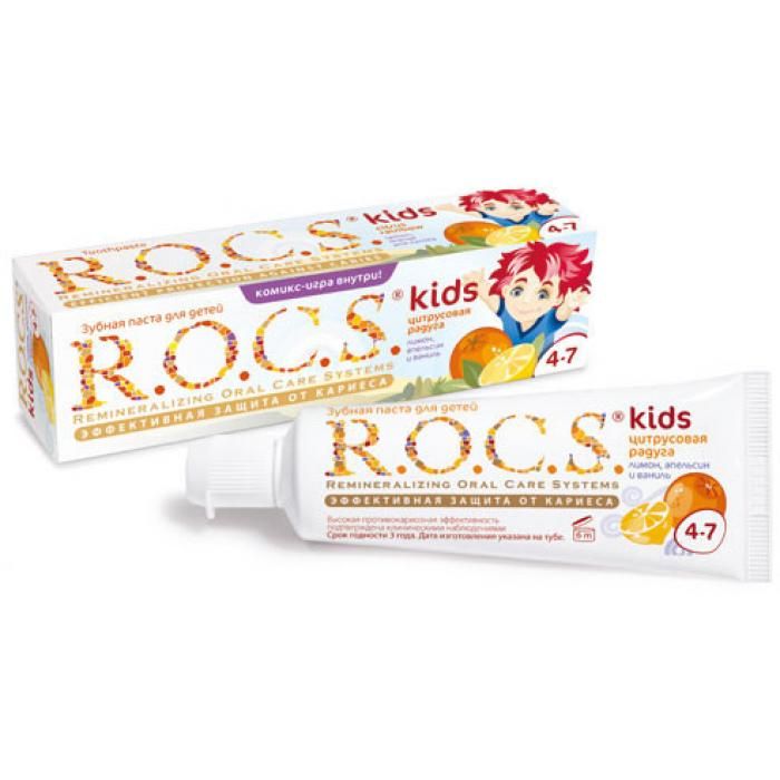 ROCS Kids Зубная паста Цитрусовая радуга Лимон апельсин и ваниль, с фтором, паста зубная, 45 г, 1 ш