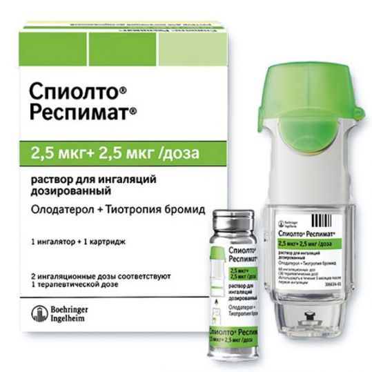Спиолто Респимат, 2.5 мкг+2.5 мкг/доза, раствор для ингаляций дозированный, в комплекте с ингалятор