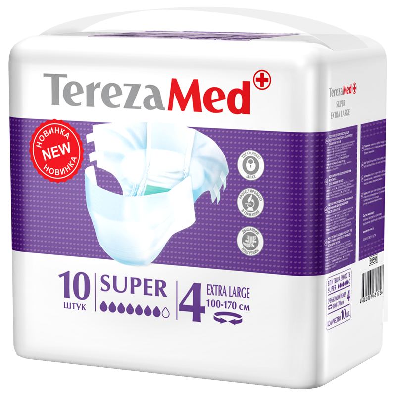 TerezaMed Super подгузники для взрослых ночные, Extra Large XL (4), 100-170 см, 10 шт.