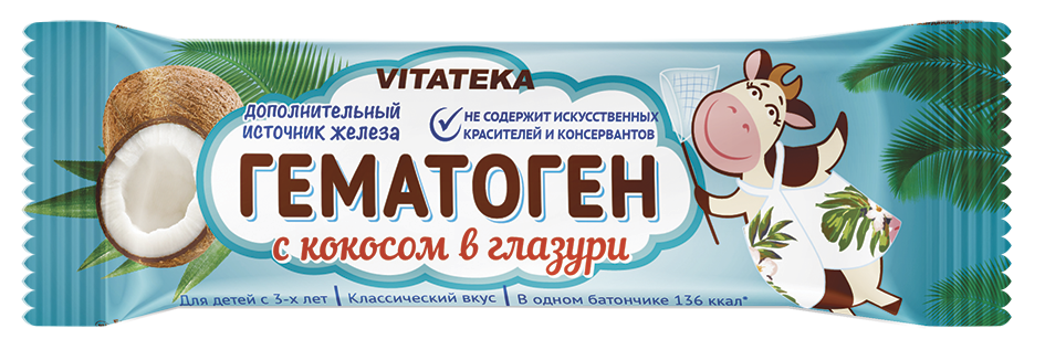 Витатека Гематоген с кокосом в шоколадной глазури, 40 г, 1 шт.